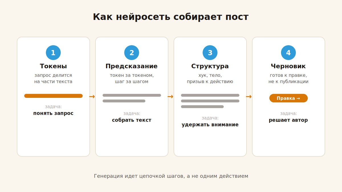 Схема генерации поста нейросетью: токенизация, предсказание, структура, черновик