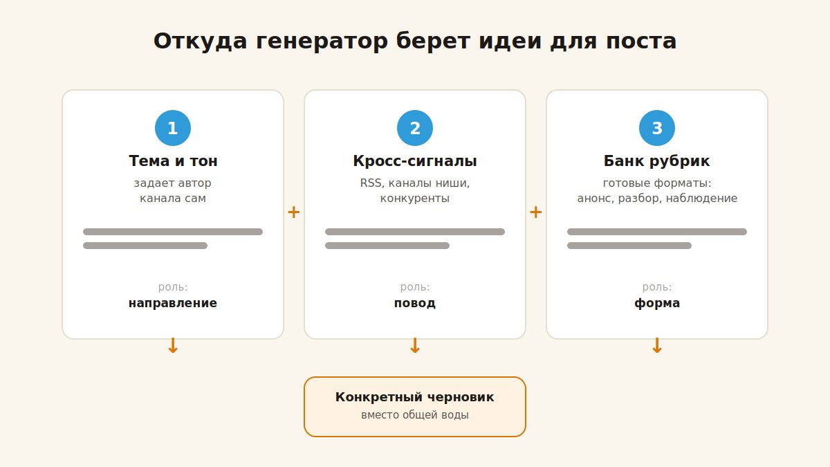 Три источника идей для постов в генераторе: тема и тон, кросс-сигналы, банк рубрик