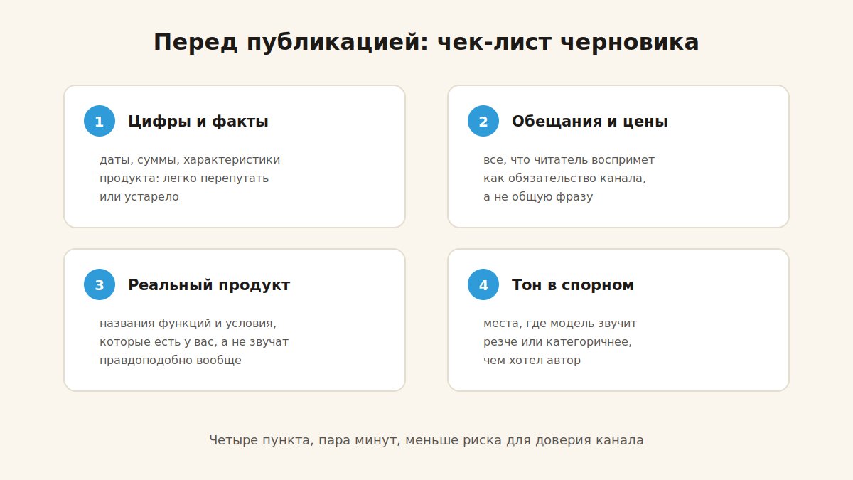 Чек-лист проверки поста от генератора перед публикацией: цифры, обещания, продукт, тон