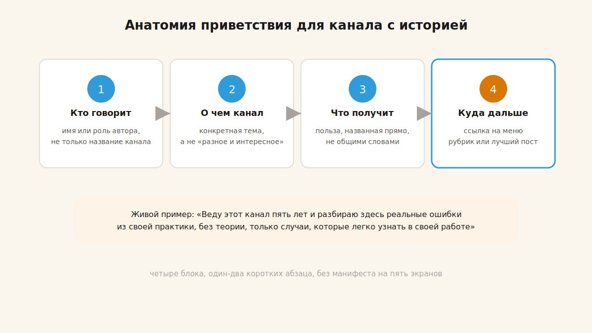 Анатомия приветственного поста для Telegram-канала: кто, о чем, что получит подписчик, куда идти дальше