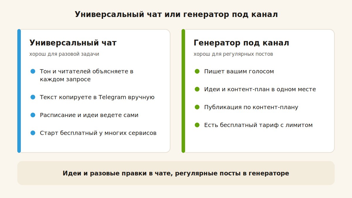 Выбор нейросети для постов: универсальный чат или генератор под канал Telegram