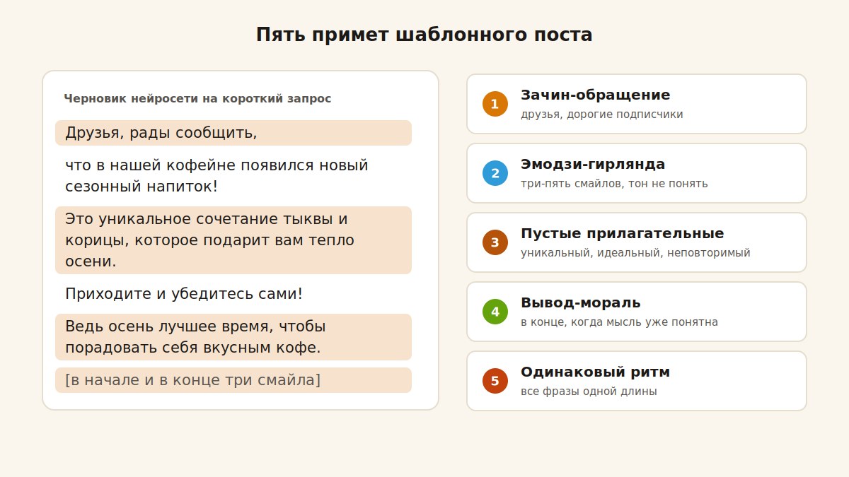 Пять примет шаблонного поста от нейросети: зачин, эмодзи, прилагательные, мораль, ритм