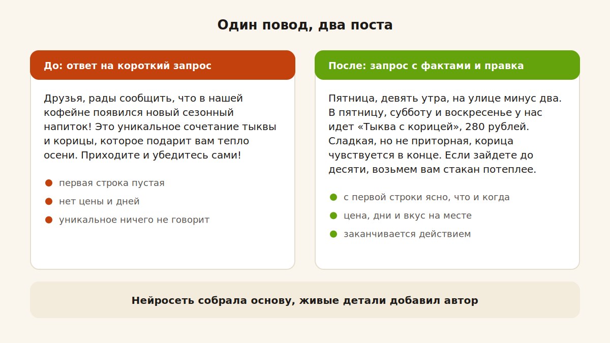 Пост до и после правки: шаблонный текст нейросети и живой вариант с фактами