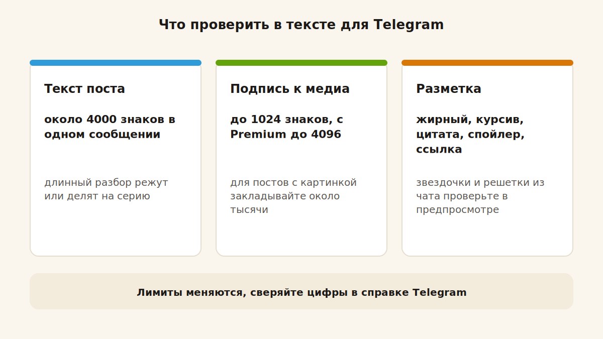 Лимиты и форматирование поста в Telegram: длина текста, подпись к медиа, разметка
