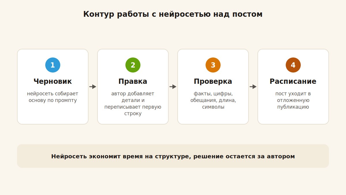 Контур работы с нейросетью: черновик, правка, проверка, отложенная публикация в Telegram