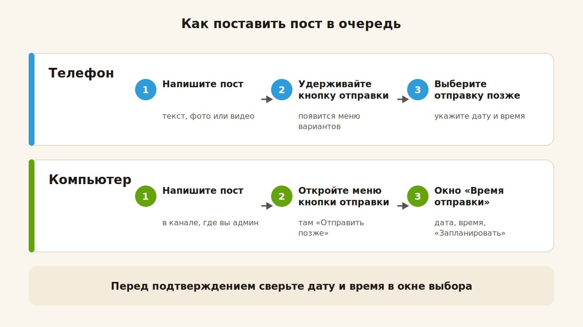 Шаги постановки отложенного поста в Telegram с телефона и с компьютера