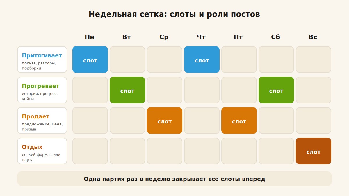 Недельная сетка Telegram-канала: слоты и роли постов по дням недели