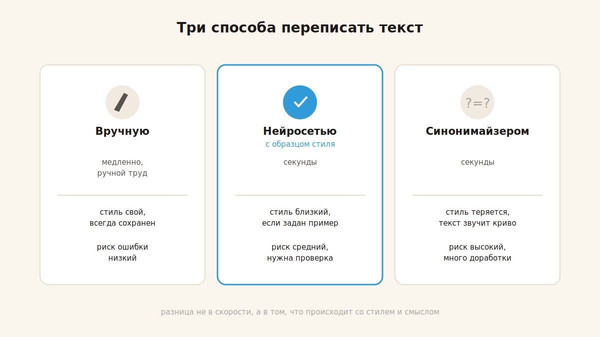 Сравнение трех способов рерайта текста: вручную, нейросетью и синонимайзером