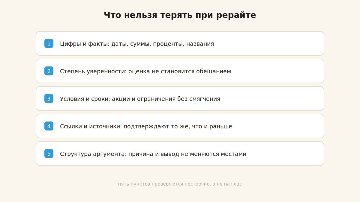 Что нельзя терять при рерайте текста нейросетью: цифры, факты, условия