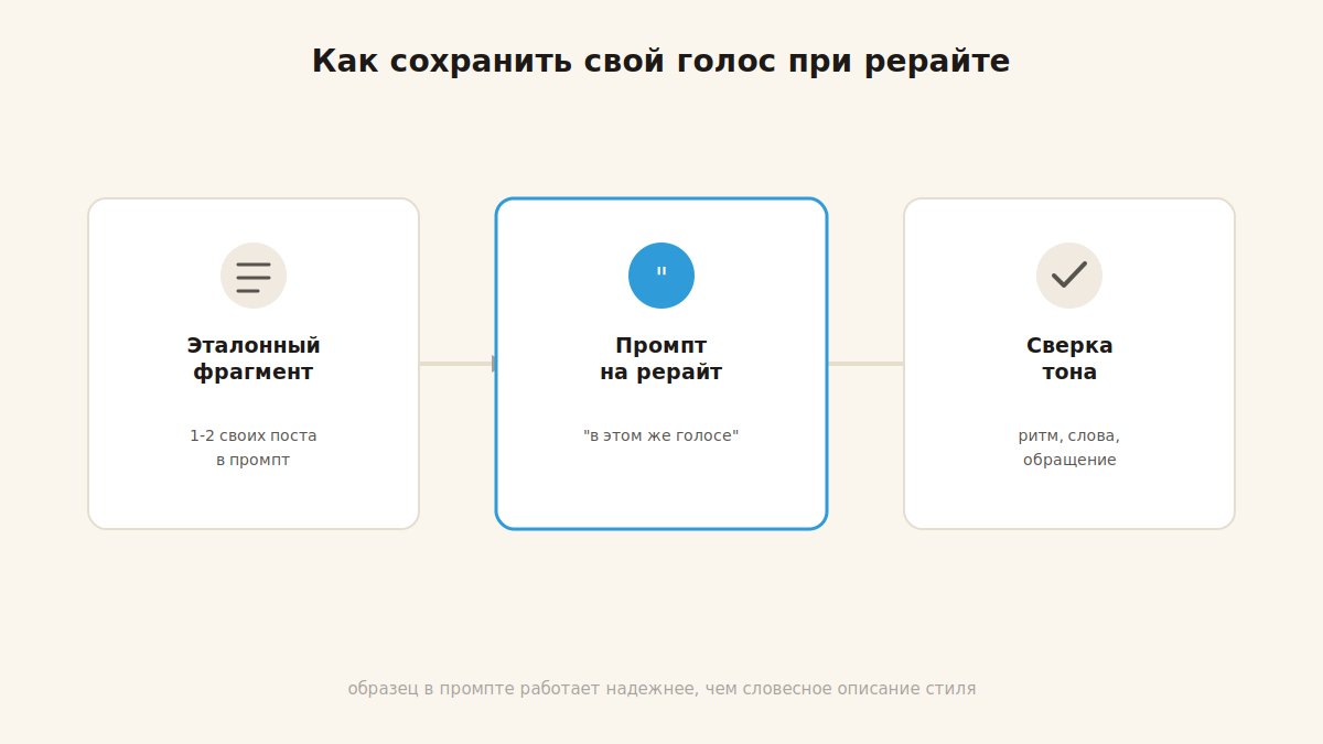 Метод сохранения стиля при рерайте: эталонный фрагмент, промпт, сверка тона