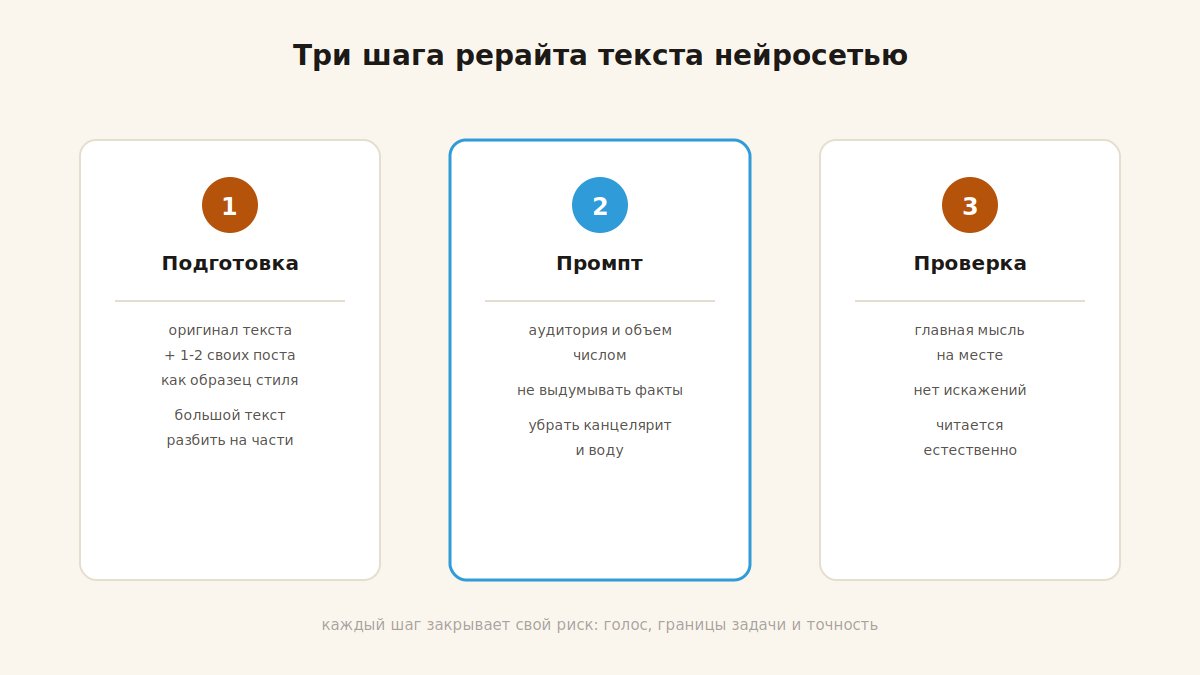 Три шага рерайта текста нейросетью: подготовка, промпт, проверка