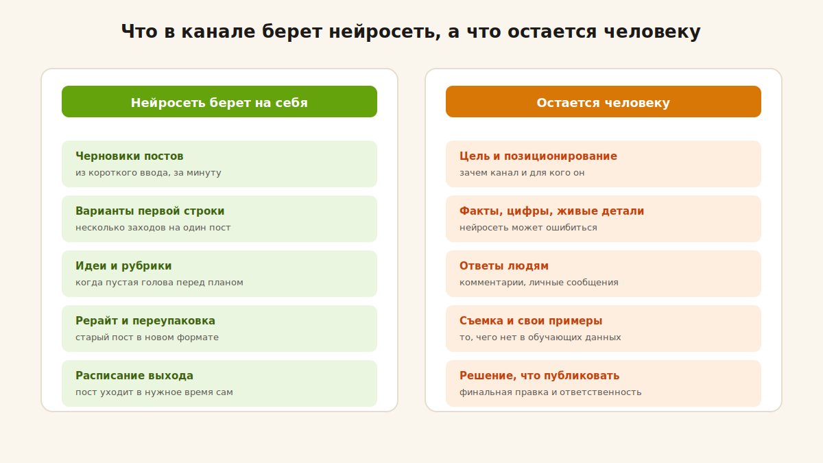 Что в Telegram-канале берет нейросеть и что остается человеку