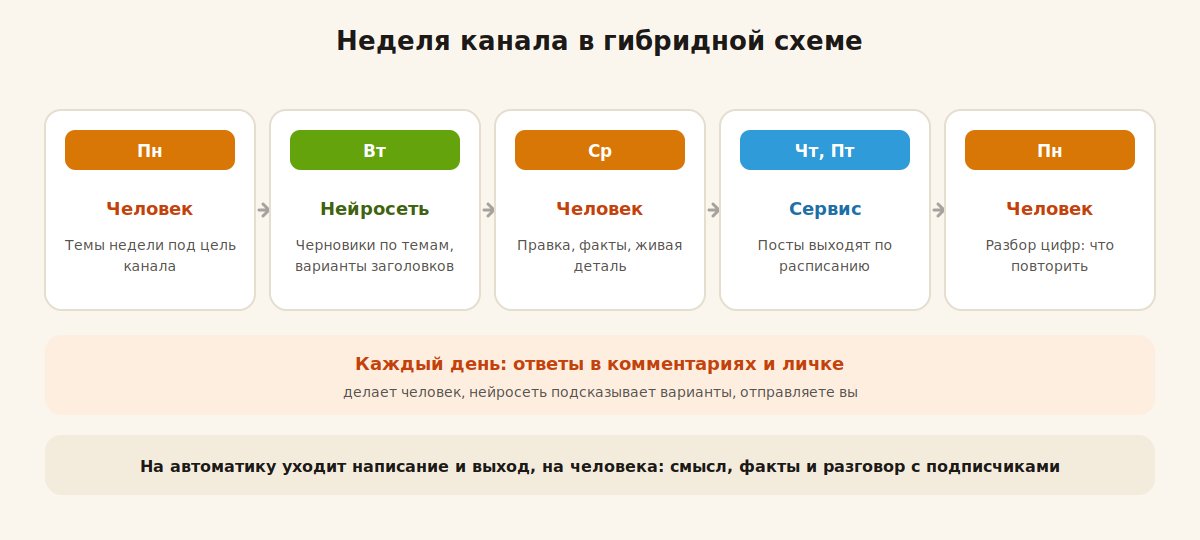 Неделя работы Telegram-канала в гибридной схеме: человек, нейросеть, сервис