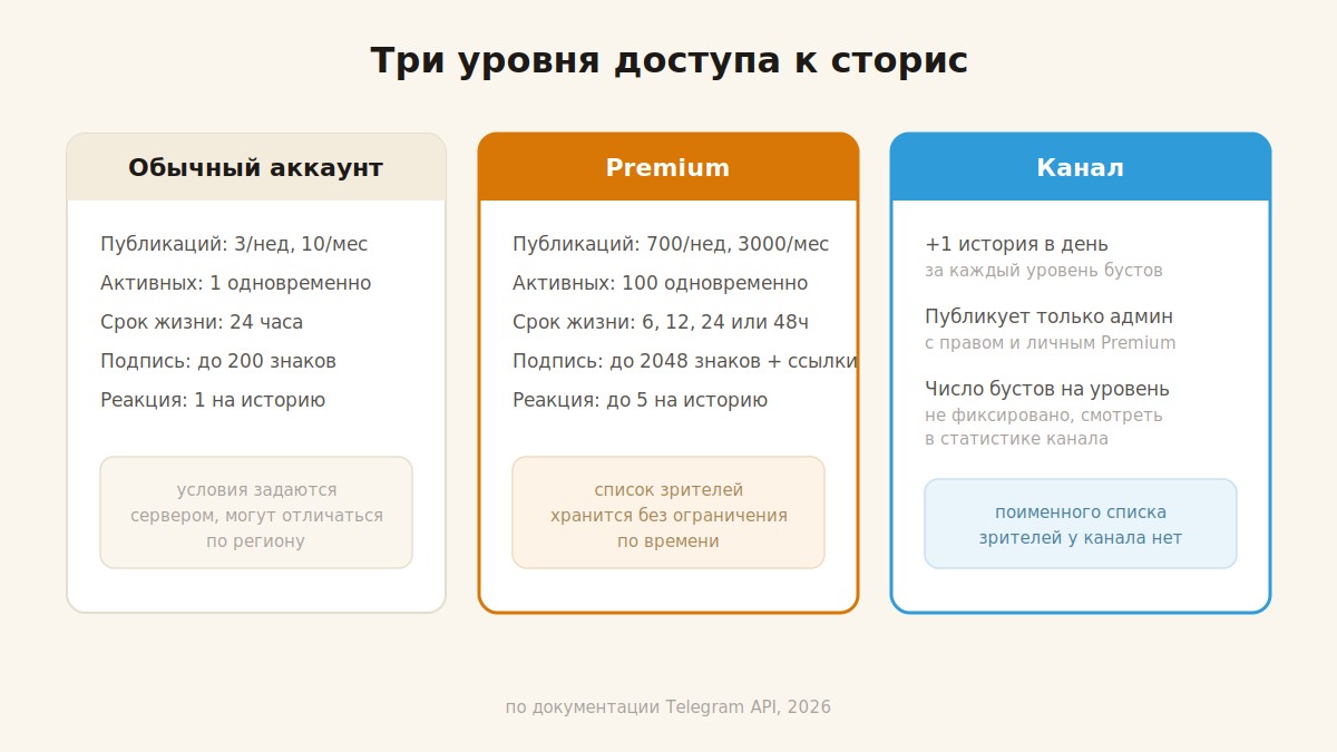 Три уровня доступа к сторис в Telegram: обычный аккаунт, Premium и канал
