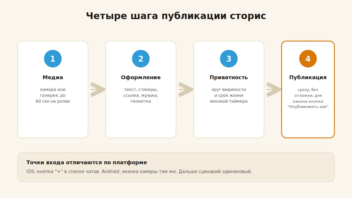 Четыре шага публикации сторис в Telegram: медиа, оформление, приватность, публикация