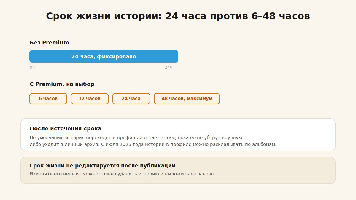 Шкала срока жизни сторис в Telegram: 24 часа без Premium и до 48 часов с Premium